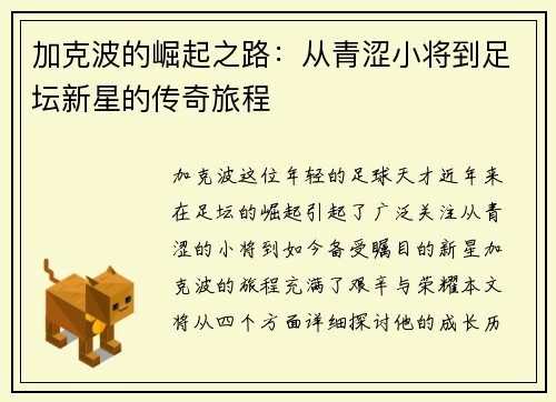 加克波的崛起之路：从青涩小将到足坛新星的传奇旅程