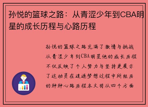 孙悦的篮球之路：从青涩少年到CBA明星的成长历程与心路历程