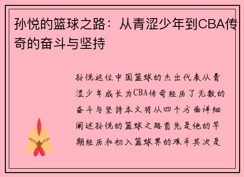 孙悦的篮球之路：从青涩少年到CBA传奇的奋斗与坚持