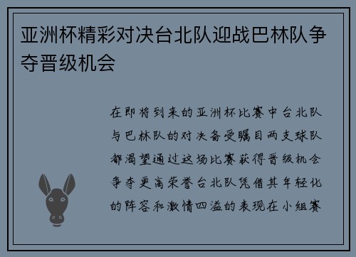 亚洲杯精彩对决台北队迎战巴林队争夺晋级机会