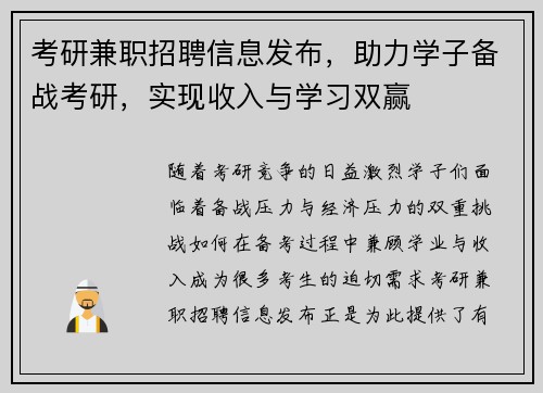 考研兼职招聘信息发布，助力学子备战考研，实现收入与学习双赢
