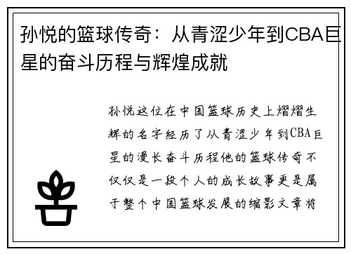 孙悦的篮球传奇：从青涩少年到CBA巨星的奋斗历程与辉煌成就