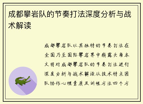 成都攀岩队的节奏打法深度分析与战术解读