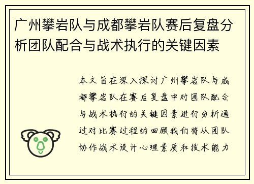 广州攀岩队与成都攀岩队赛后复盘分析团队配合与战术执行的关键因素