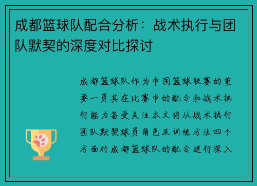 成都篮球队配合分析：战术执行与团队默契的深度对比探讨