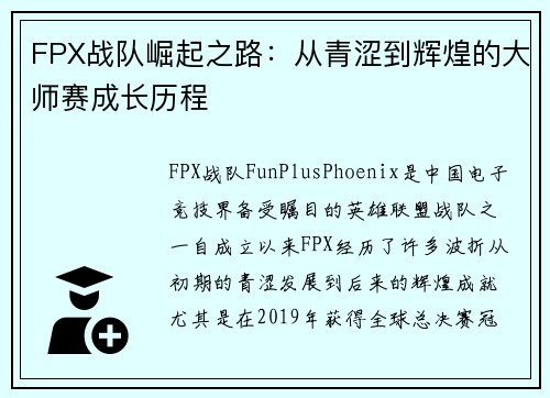 FPX战队崛起之路：从青涩到辉煌的大师赛成长历程