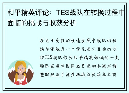 和平精英评论：TES战队在转换过程中面临的挑战与收获分析