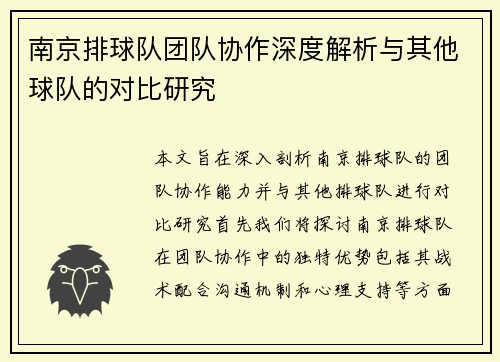 南京排球队团队协作深度解析与其他球队的对比研究