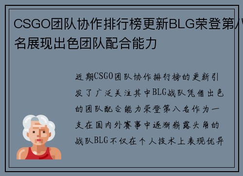 CSGO团队协作排行榜更新BLG荣登第八名展现出色团队配合能力